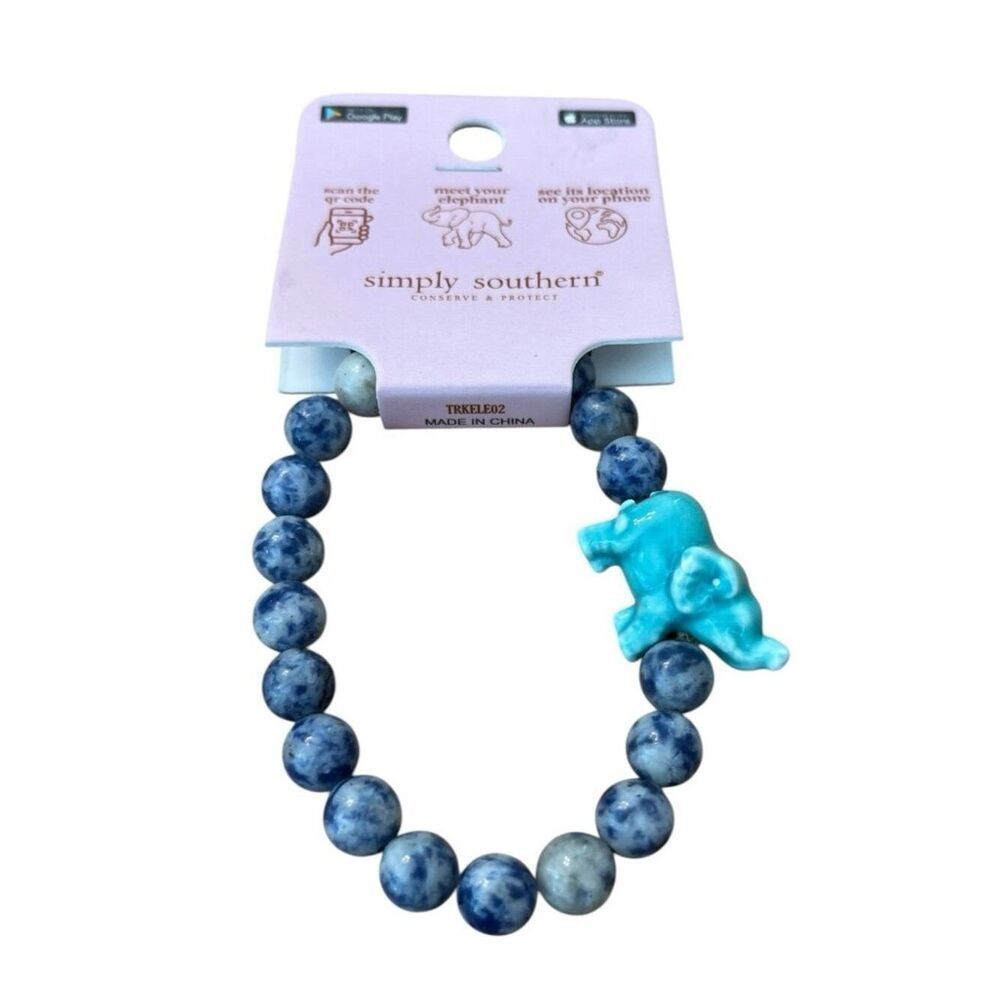 Simply Southern Green Elephant Tracking Elastic Blue Glass Bead Bracelet OS NWT